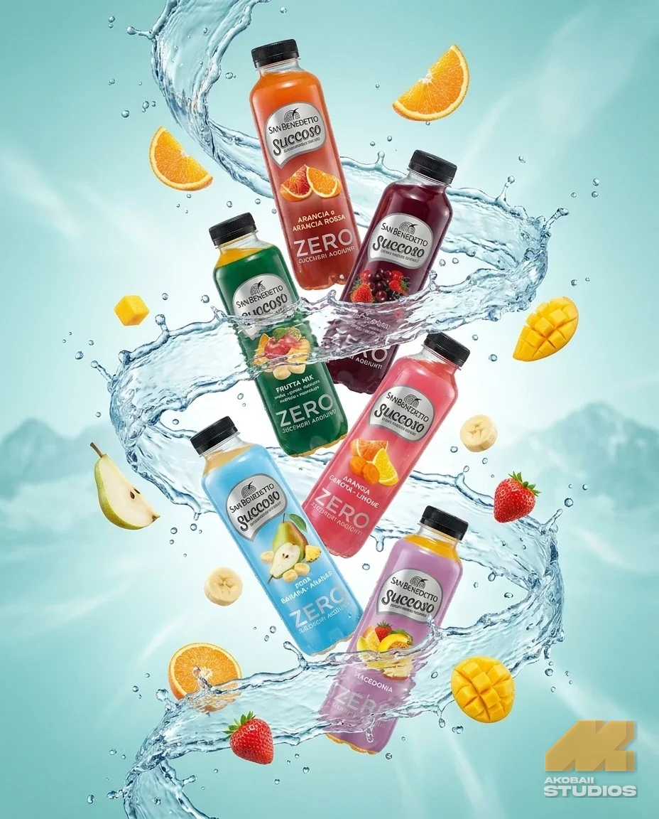 Concept: San Benedetto Succoso Zero bottles in a water spiral with fruit