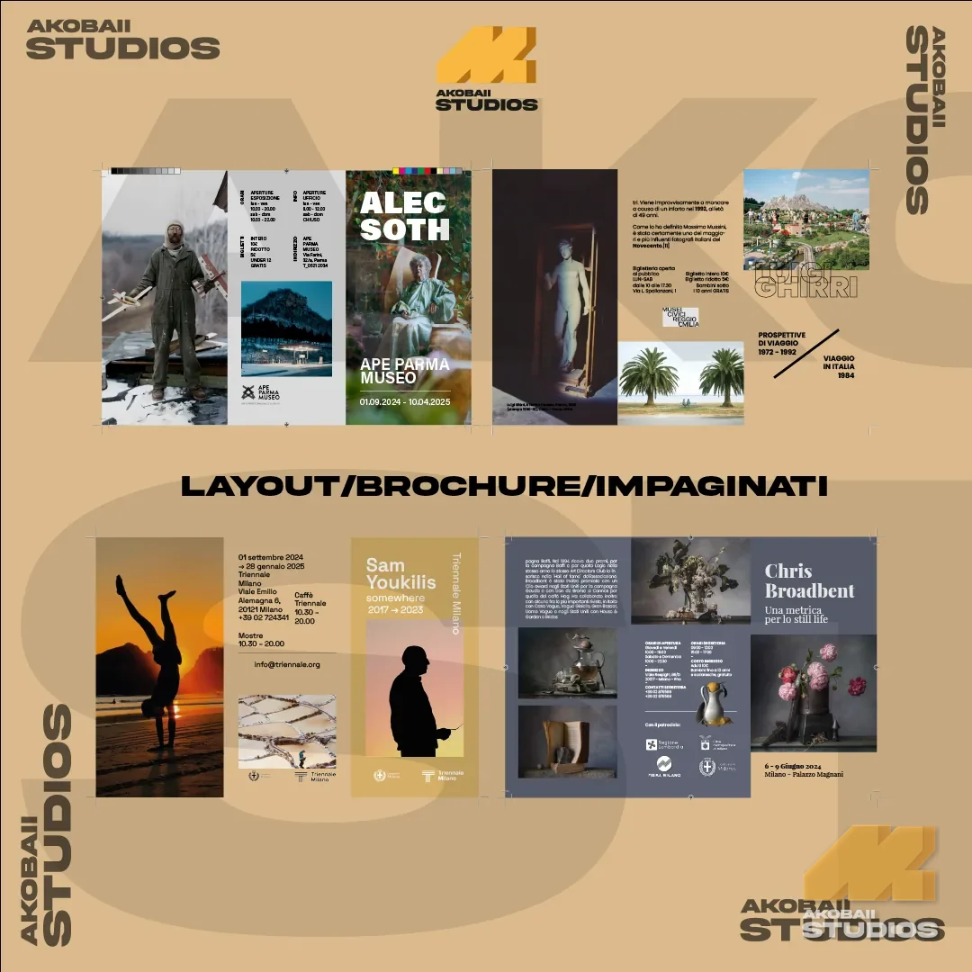 Overview of layout and brochure work on a sand background
